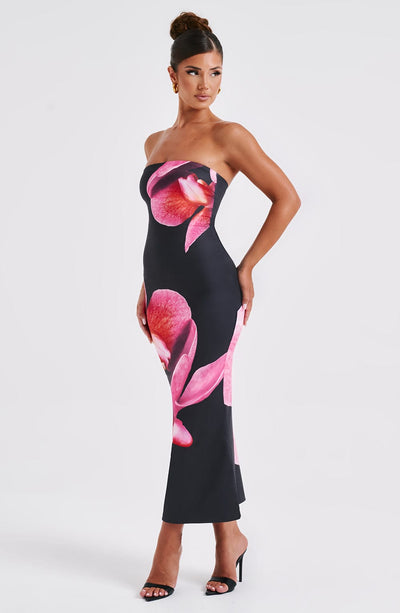 Women's Bodycon Dress - Strapless Midi Fit - Bold Floral Print - Elegant Evening Wear
