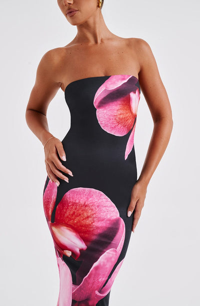 Women's Bodycon Dress - Strapless Midi Fit - Bold Floral Print - Elegant Evening Wear