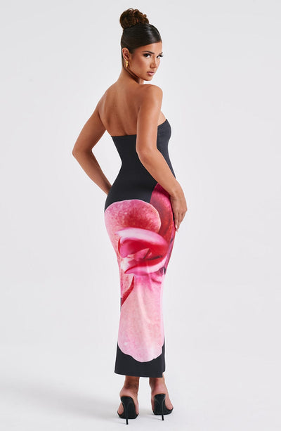 Women's Bodycon Dress - Strapless Midi Fit - Bold Floral Print - Elegant Evening Wear