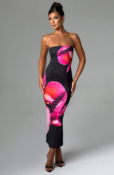 Women's Bodycon Dress - Strapless Midi Fit - Bold Floral Print - Elegant Evening Wear