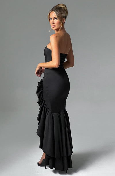 Women’s Evening Gown - Strapless Mermaid Fit - High Slit with Ruffle Detail - Satin Finish