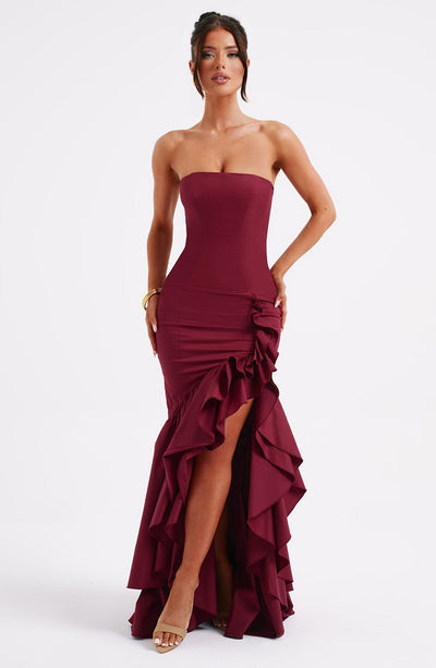 Women’s Evening Gown - Strapless Mermaid Fit - High Slit with Ruffle Detail - Satin Finish