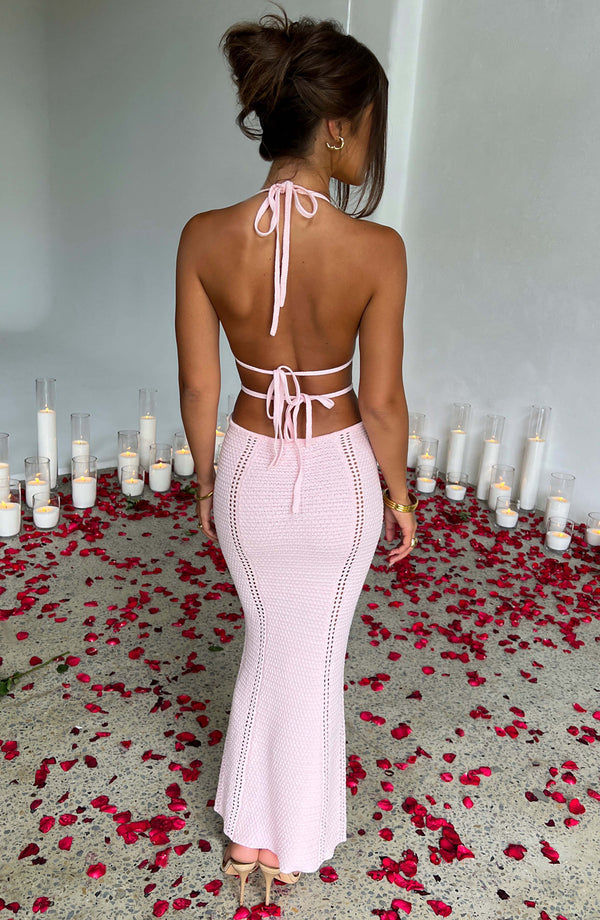 Women’s Maxi Dress - Halter Neck - Crochet Knit - Fitted Silhouette - Waist Cut-Outs
