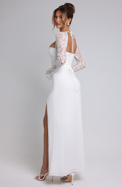 Women's Evening Gown - Sweetheart Neckline - Lace Sleeves - High Slit - Elegant Fit