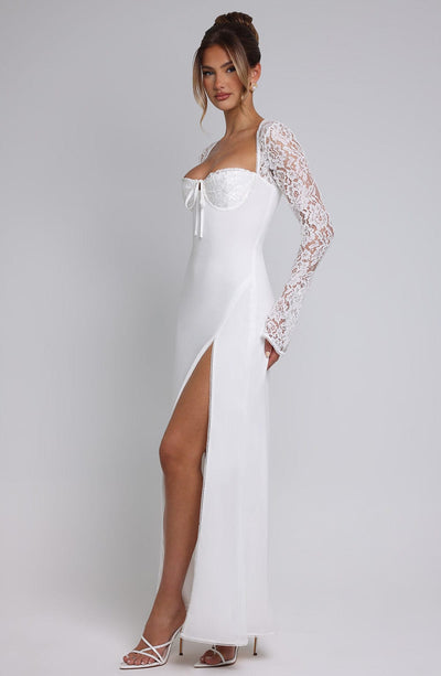 Women's Evening Gown - Sweetheart Neckline - Lace Sleeves - High Slit - Elegant Fit