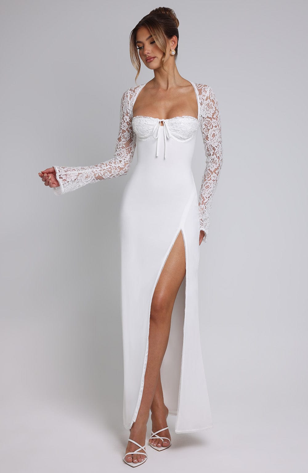 Women's Evening Gown - Sweetheart Neckline - Lace Sleeves - High Slit - Elegant Fit