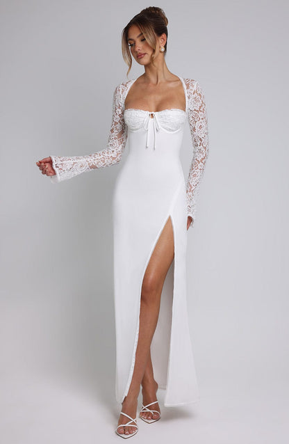 Women's Evening Gown - Sweetheart Neckline - Lace Sleeves - High Slit - Elegant Fit