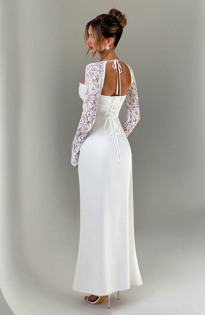 Women's Evening Gown - Sweetheart Neckline - Lace Sleeves - High Slit - Elegant Fit