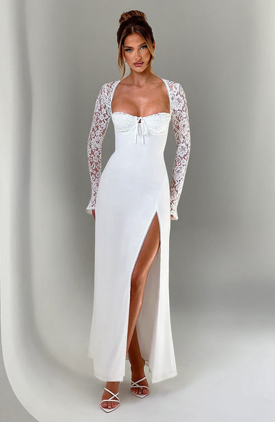 Women's Evening Gown - Sweetheart Neckline - Lace Sleeves - High Slit - Elegant Fit