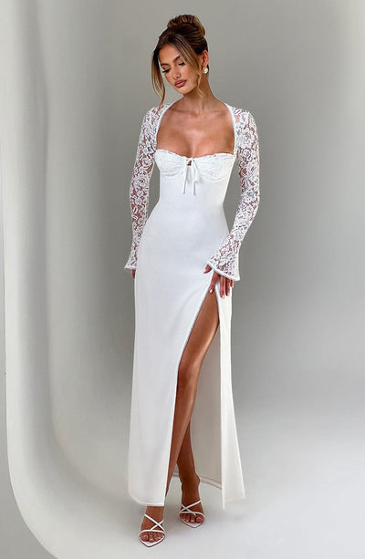 Women's Evening Gown - Sweetheart Neckline - Lace Sleeves - High Slit - Elegant Fit