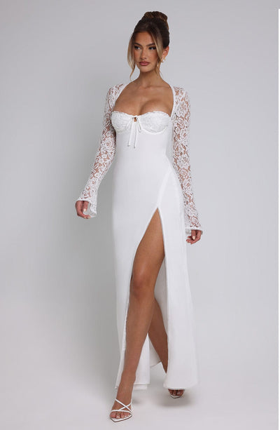 Women's Evening Gown - Sweetheart Neckline - Lace Sleeves - High Slit - Elegant Fit