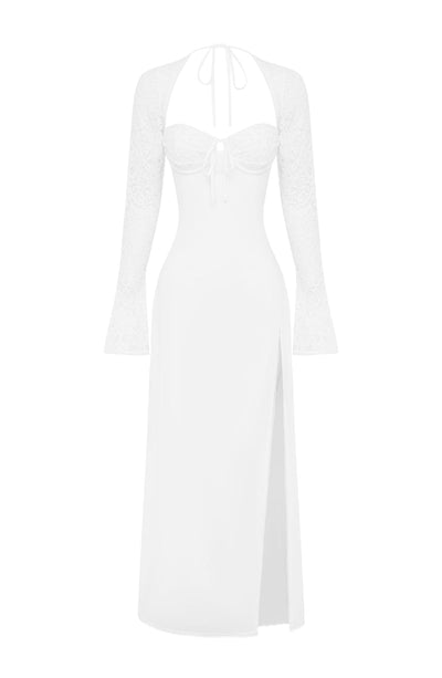 Women's Evening Gown - Sweetheart Neckline - Lace Sleeves - High Slit - Elegant Fit