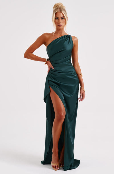 Women’s Evening Gown - One Shoulder - Satin Feel - Ruched Waist - High Slit Formal Dress