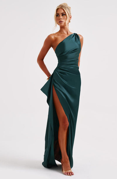 Women’s Evening Gown - One Shoulder - Satin Feel - Ruched Waist - High Slit Formal Dress