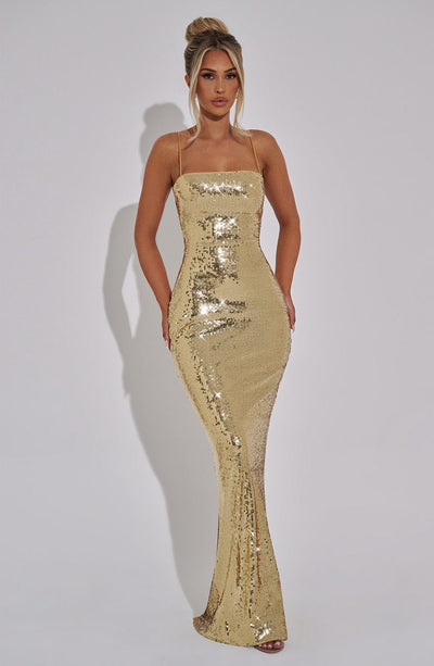 Women’s Evening Gown - Sequin Embellished - Spaghetti Strap - Fitted Floor-Length