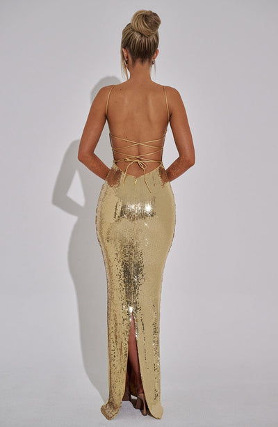 Women’s Evening Gown - Sequin Embellished - Spaghetti Strap - Fitted Floor-Length