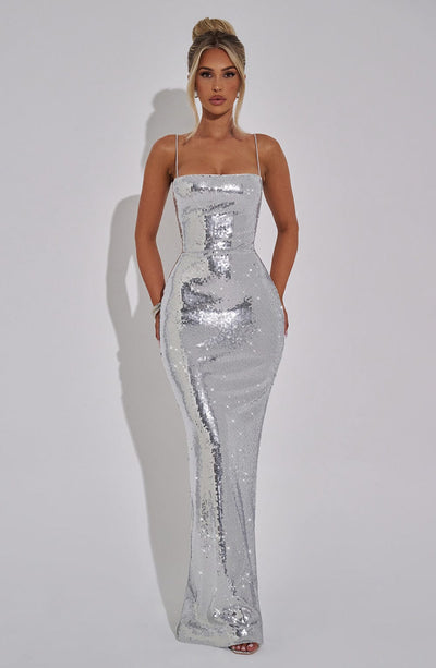 Women’s Evening Gown - Sequin Embellished - Spaghetti Strap - Fitted Floor-Length