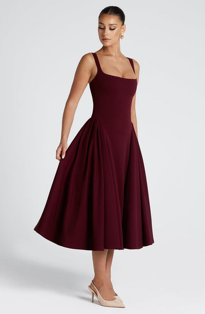 Women’s Midi Dress – Square Neckline – Fitted Bodice – A-Line Silhouette – Elegant Style