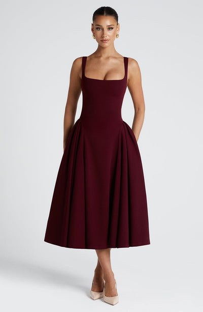 Women’s Midi Dress – Square Neckline – Fitted Bodice – A-Line Silhouette – Elegant Style