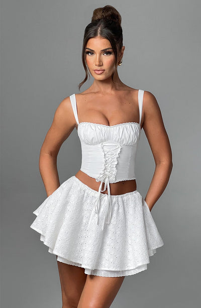 Women’s Two-Piece Set – Bustier Crop Top with Ruched Front – Flared High-Waist Mini Skirt