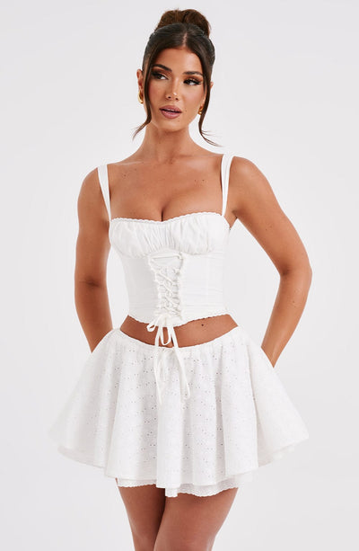 Women’s Two-Piece Set – Bustier Crop Top with Ruched Front – Flared High-Waist Mini Skirt