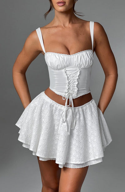 Women’s Two-Piece Set – Bustier Crop Top with Ruched Front – Flared High-Waist Mini Skirt