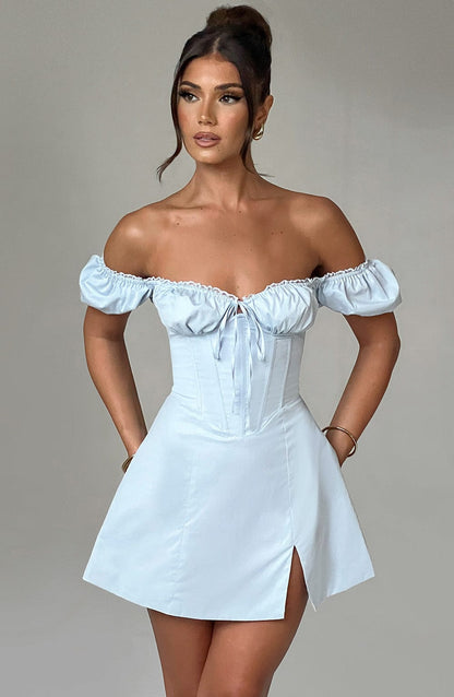 Women’s Mini Dress – Off Shoulder – Corset Bodice – Puff Sleeves – Front Slit – Fitted