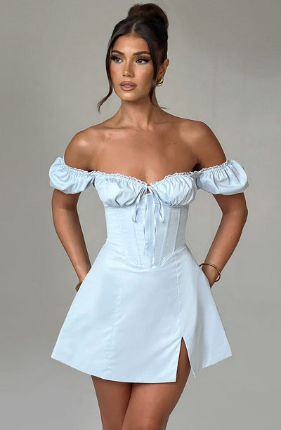 Women’s Mini Dress – Off Shoulder – Corset Bodice – Puff Sleeves – Front Slit – Fitted
