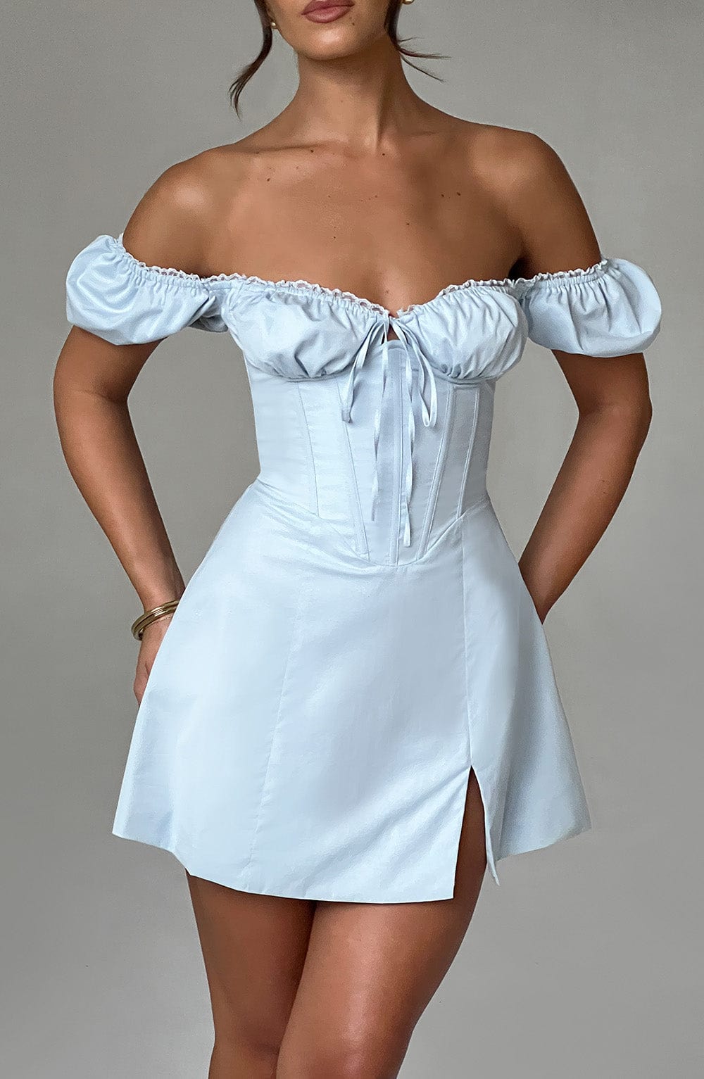 Women’s Mini Dress – Off Shoulder – Corset Bodice – Puff Sleeves – Front Slit – Fitted
