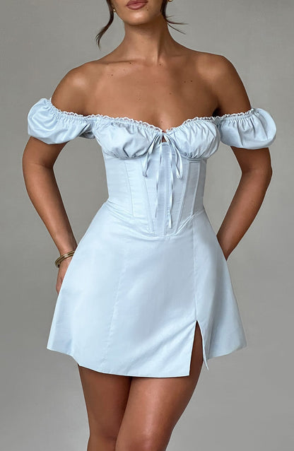 Women’s Mini Dress – Off Shoulder – Corset Bodice – Puff Sleeves – Front Slit – Fitted