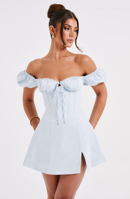 Women’s Mini Dress – Off Shoulder – Corset Bodice – Puff Sleeves – Front Slit – Fitted