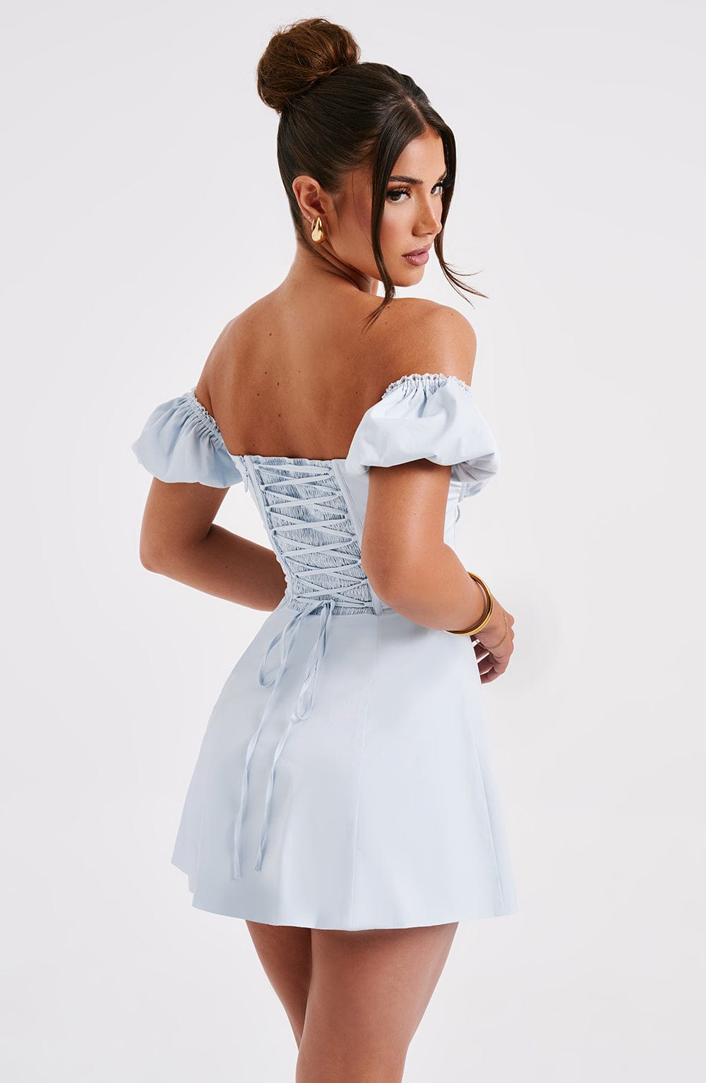 Women’s Mini Dress – Off Shoulder – Corset Bodice – Puff Sleeves – Front Slit – Fitted