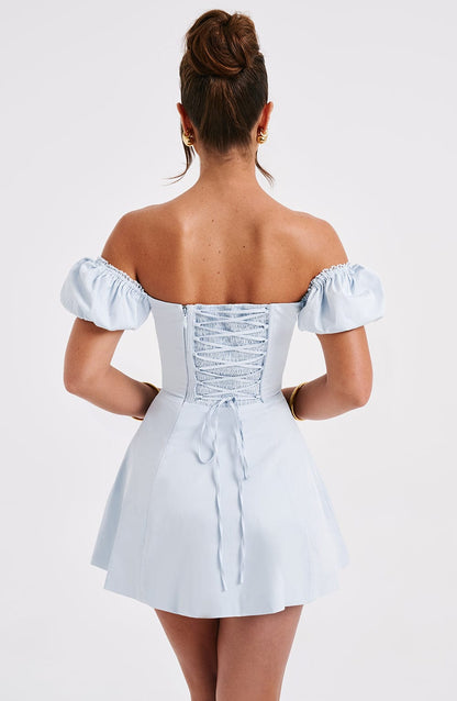 Women’s Mini Dress – Off Shoulder – Corset Bodice – Puff Sleeves – Front Slit – Fitted