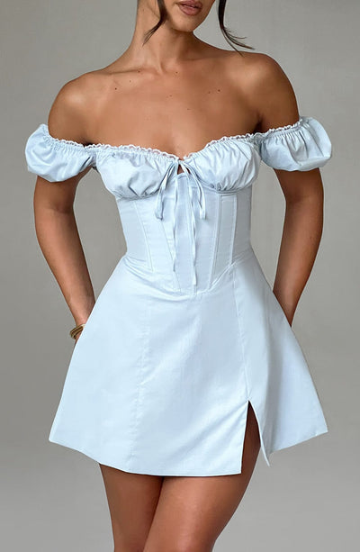 Women’s Mini Dress – Off Shoulder – Corset Bodice – Puff Sleeves – Front Slit – Fitted
