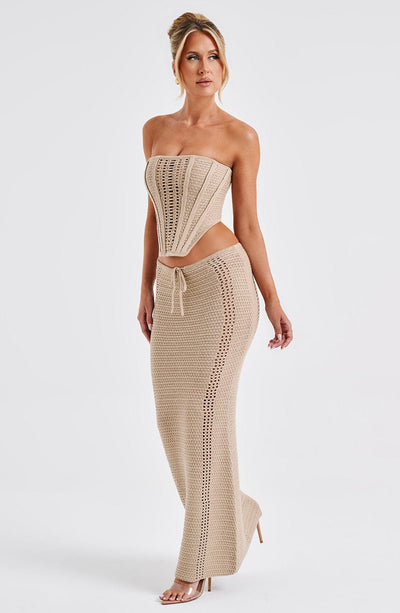 Women’s Two-Piece Set – Strapless Crochet Corset Top – Maxi Skirt with Drawstring Waist