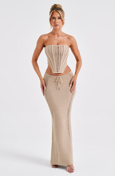 Women’s Two-Piece Set – Strapless Crochet Corset Top – Maxi Skirt with Drawstring Waist
