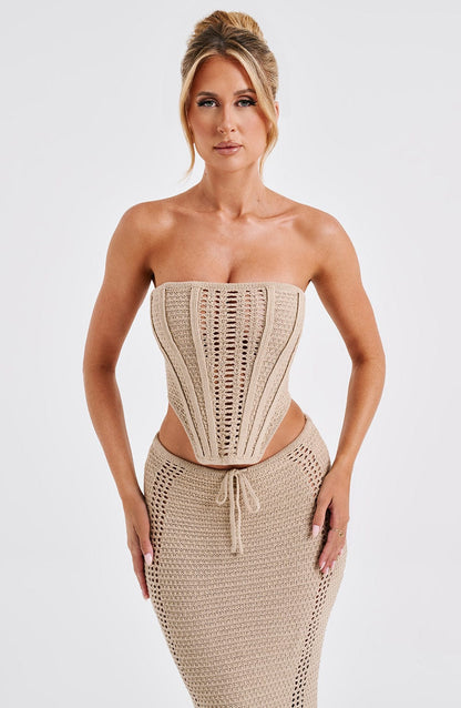 Women’s Two-Piece Set – Strapless Crochet Corset Top – Maxi Skirt with Drawstring Waist