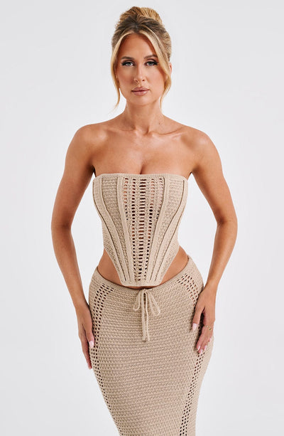 Women’s Two-Piece Set – Strapless Crochet Corset Top – Maxi Skirt with Drawstring Waist
