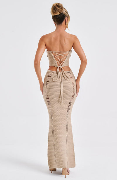 Women’s Two-Piece Set – Strapless Crochet Corset Top – Maxi Skirt with Drawstring Waist