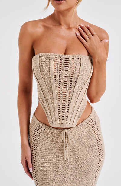 Women’s Two-Piece Set – Strapless Crochet Corset Top – Maxi Skirt with Drawstring Waist