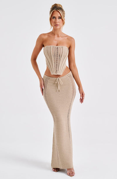 Women’s Two-Piece Set – Strapless Crochet Corset Top – Maxi Skirt with Drawstring Waist
