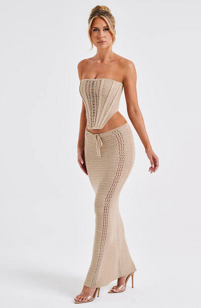 Women’s Two-Piece Set – Strapless Crochet Corset Top – Maxi Skirt with Drawstring Waist
