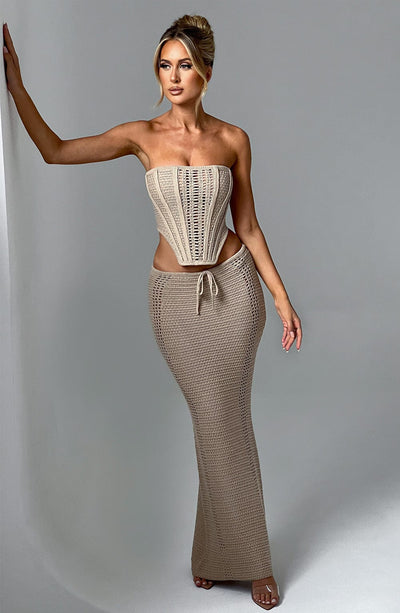 Women’s Two-Piece Set – Strapless Crochet Corset Top – Maxi Skirt with Drawstring Waist