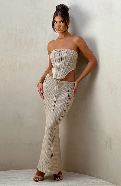 Women’s Two-Piece Set – Strapless Crochet Corset Top – Maxi Skirt with Drawstring Waist