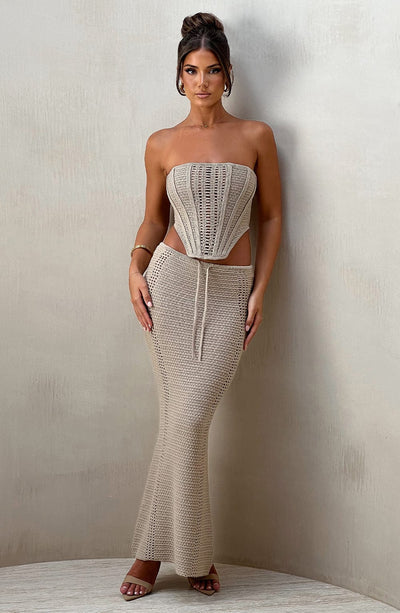 Women’s Two-Piece Set – Strapless Crochet Corset Top – Maxi Skirt with Drawstring Waist