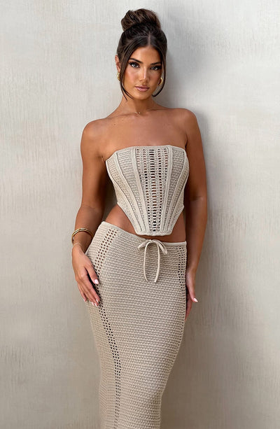 Women’s Two-Piece Set – Strapless Crochet Corset Top – Maxi Skirt with Drawstring Waist