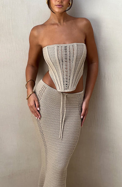 Women’s Two-Piece Set – Strapless Crochet Corset Top – Maxi Skirt with Drawstring Waist