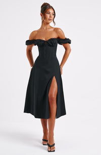 Women’s Midi Dress – Off Shoulder – Corset Bodice – Ruffle Detail – A-Line Fit