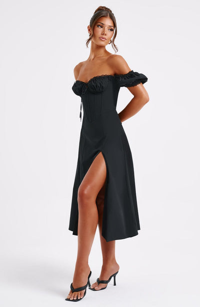 Women’s Midi Dress – Off Shoulder – Corset Bodice – Ruffle Detail – A-Line Fit