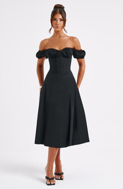 Women’s Midi Dress – Off Shoulder – Corset Bodice – Ruffle Detail – A-Line Fit